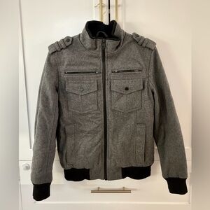 Men’s “Black Rivet” Bomber Style Jacket - Grey Wool + Polyester